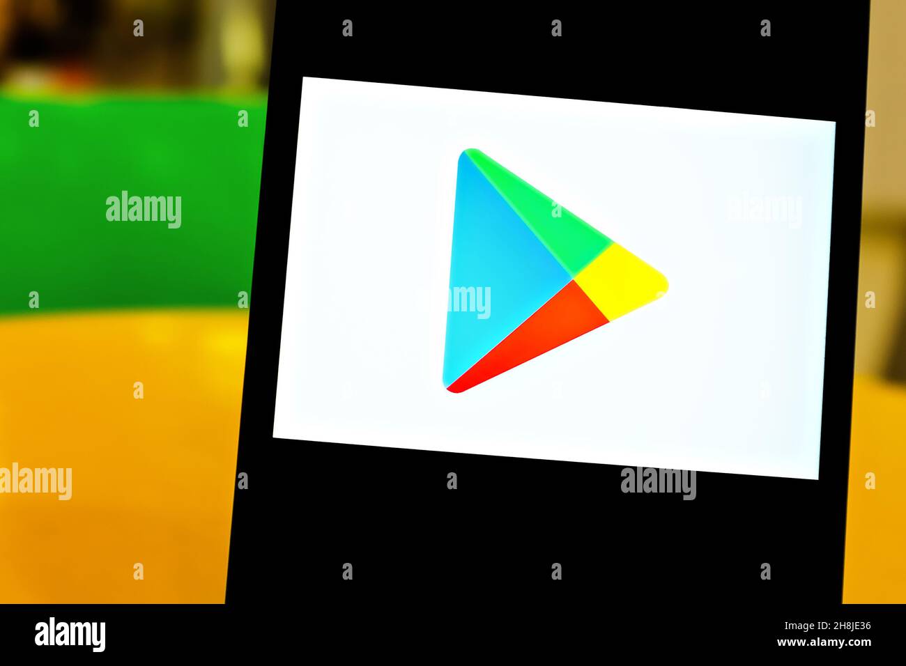 Foto editoriale sul tema di Google Play. Foto illustrativa per notizie su Google Play - un servizio di distribuzione digitale Foto Stock