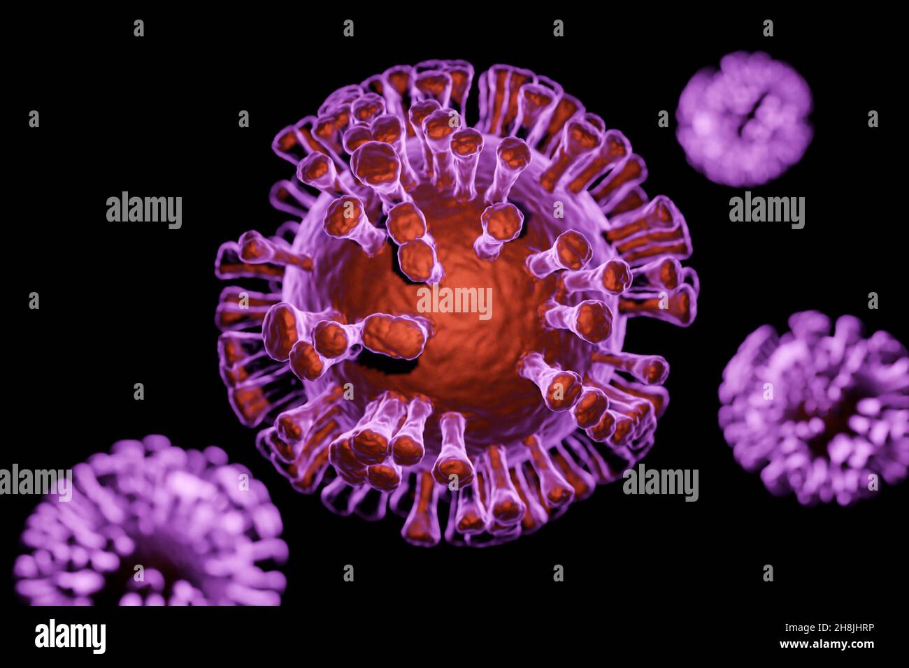 Illustrazione delle cellule di Coronavirus Covid-19, visualizzazione del modello sars-COV-2 su sfondo nero Foto Stock