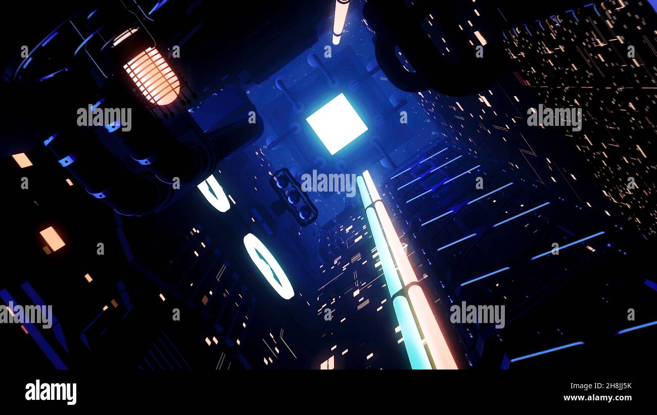 Interni alla navicella spaziale futuristica aliena con luci scintillanti e anello senza cuciture. Movimento. Corridoio scuro fantascientico con la luce alla fine del tunnel Foto Stock