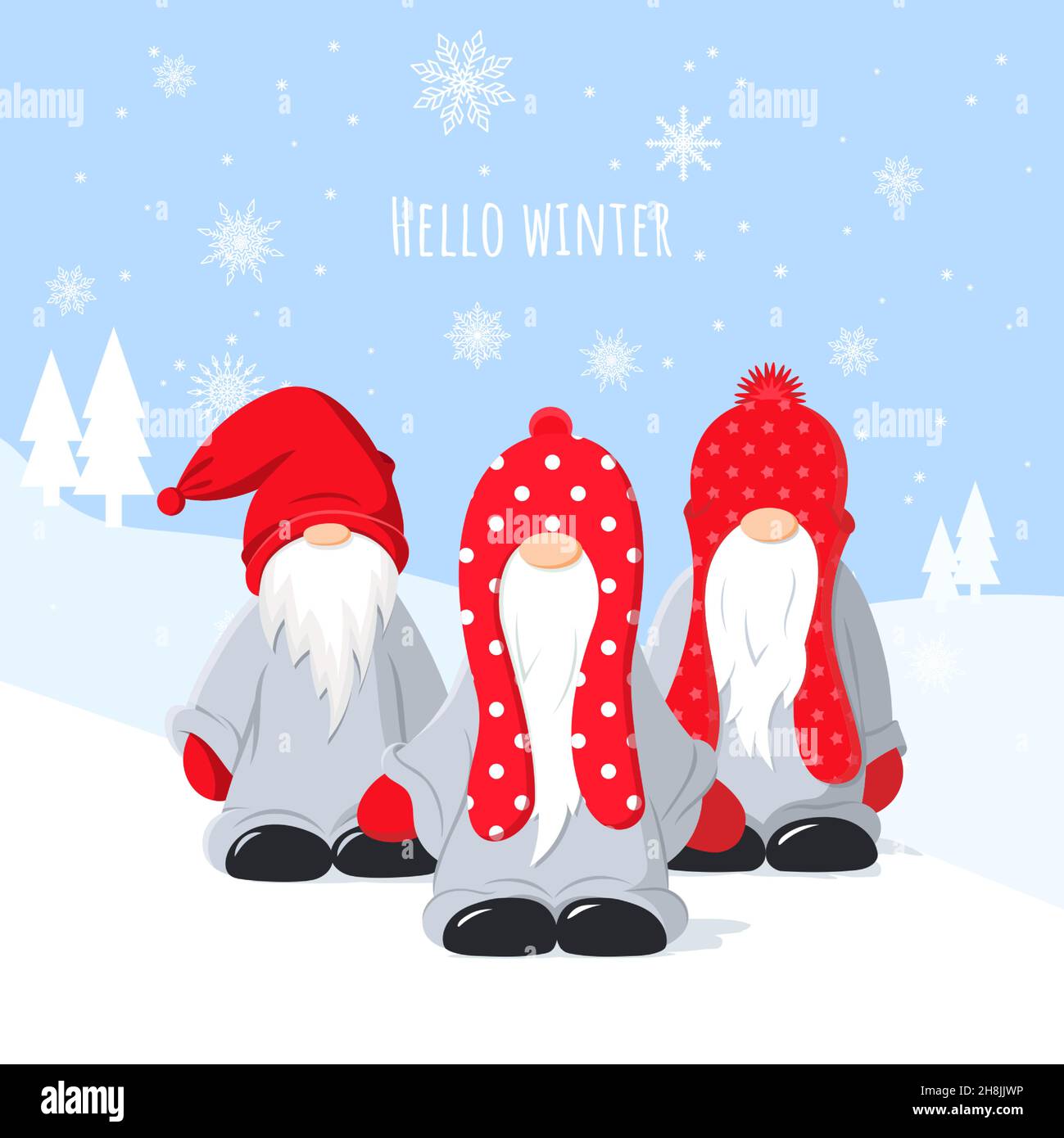 Biglietto di auguri di Natale con tre nane carine su sfondo invernale con fiocchi di neve. Vettore. Illustrazione Vettoriale