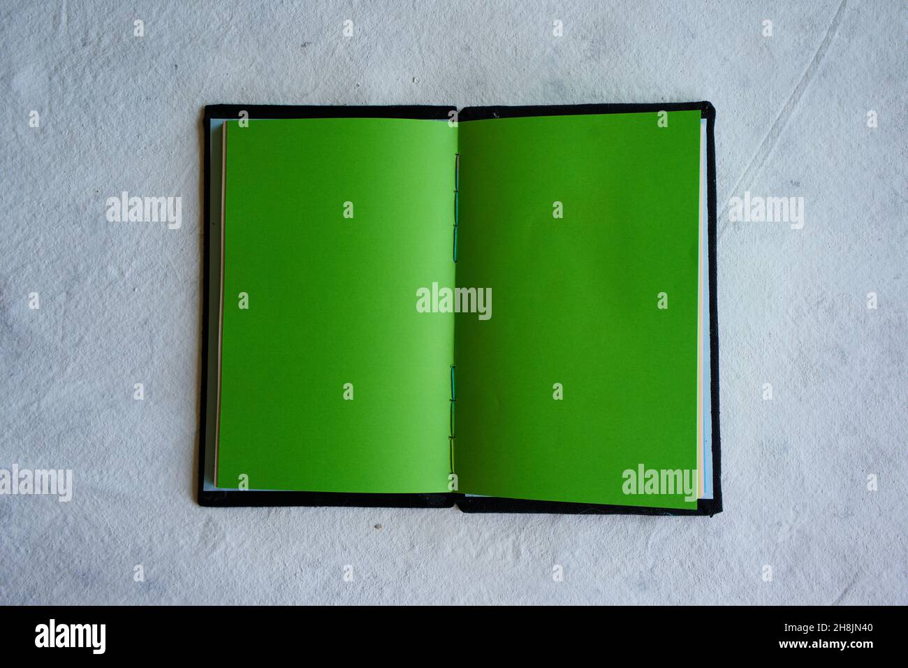 Vista dall'alto programma aperto per la scrittura. Apri il diario della vita. Apri un libro con pagine colorate. Verde intenso Foto Stock