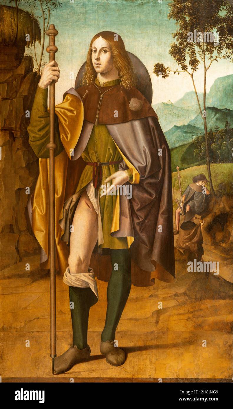 Forlí, ITALIA - 11 NOVEMBRE 2021: La sosta di San Rocco nella chiesa Cattedrale di Santa Croce di Marco Palmezzano (1516). Foto Stock