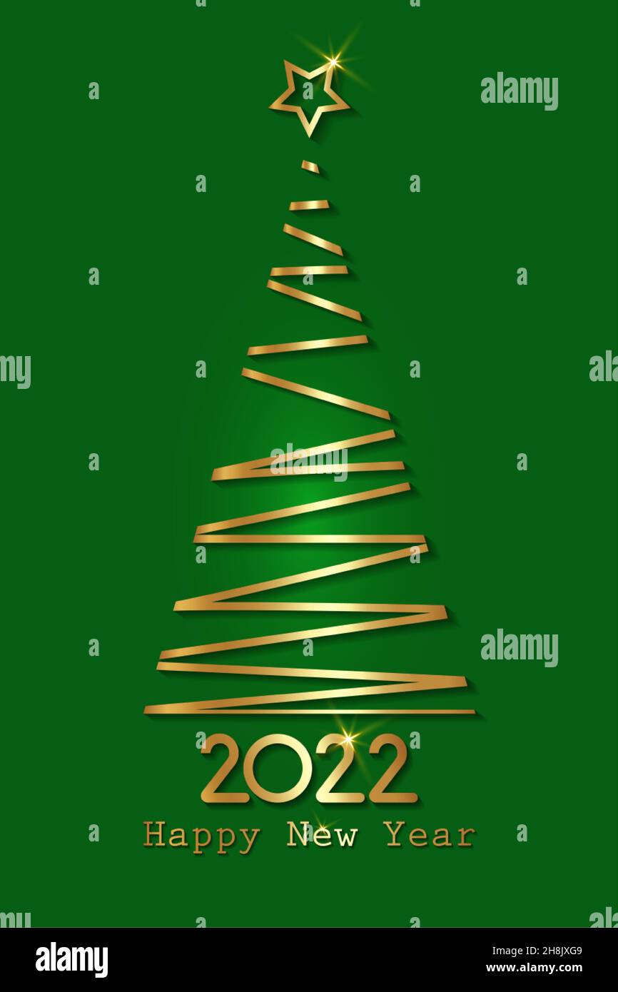 Albero di Natale stilizzato in oro, Capodanno 2022, icona del logo di lusso dorato festivo, vettore isolato su sfondo verde Illustrazione Vettoriale