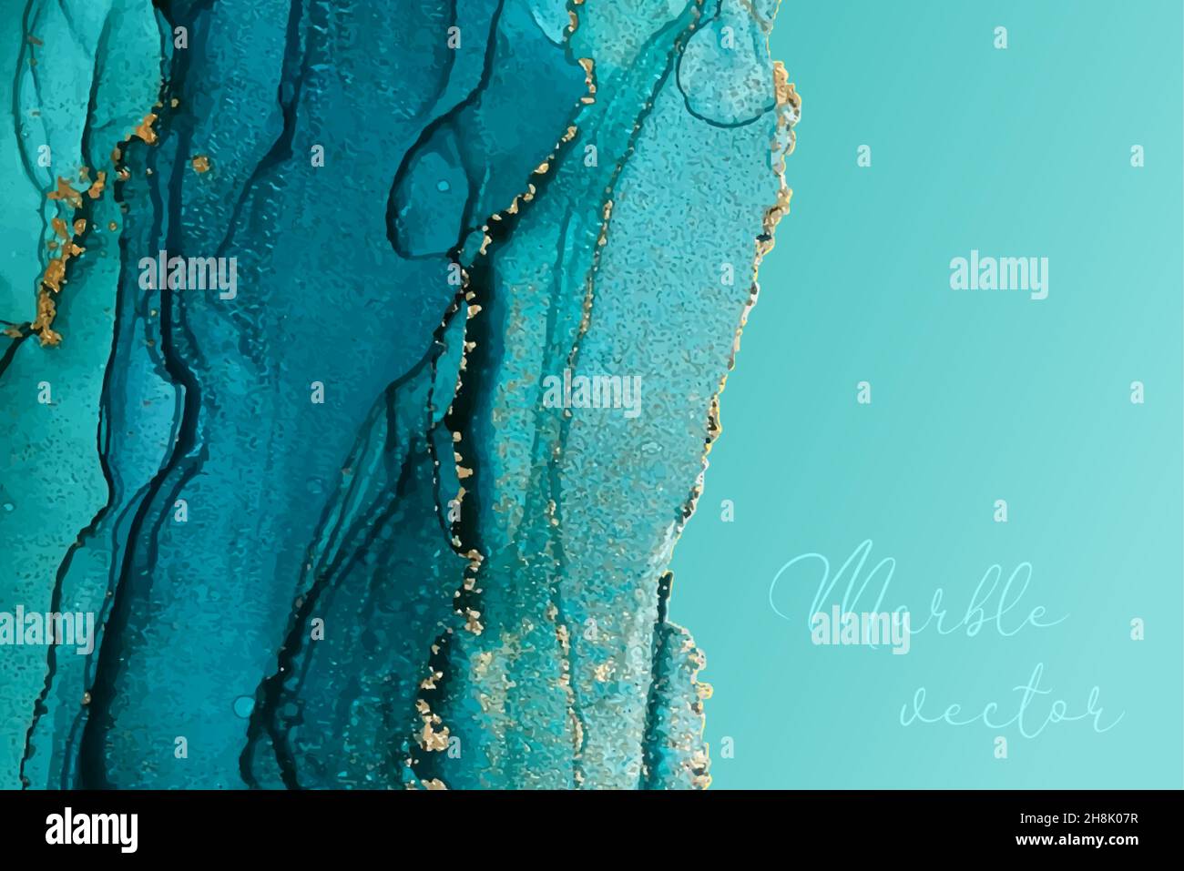 Texture moderna in marmo di colore blu. Schizzi d'inchiostro con alcol con puntini isolati in lamina d'oro. Design poster alla moda. Art. Flusso liquido Illustrazione Vettoriale