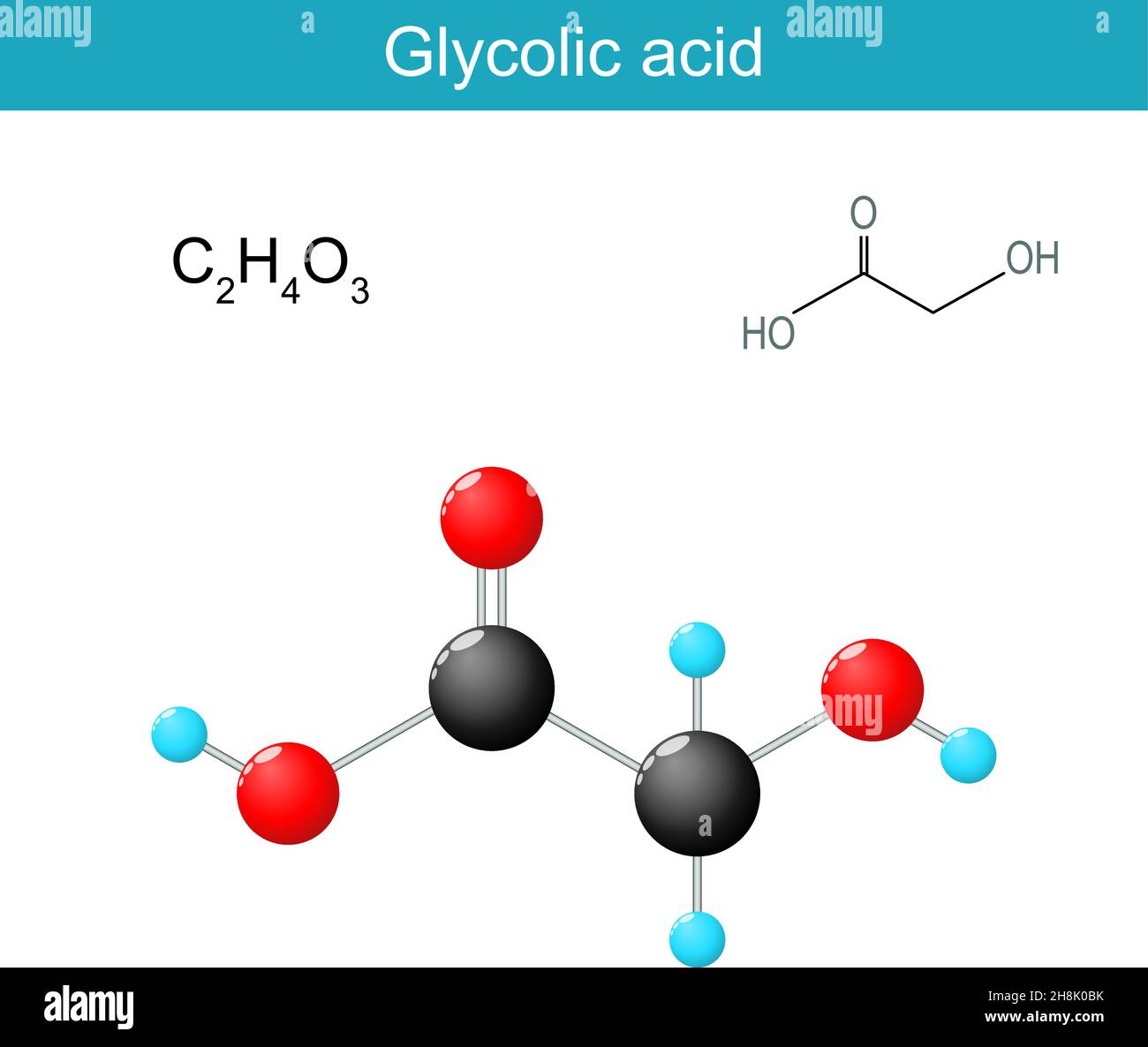 Formula molecolare dell'acido glicolico. Formula di struttura chimica e modello di acido idrossiacetico. Acido idroacetico. Viene utilizzato in vari prodotti per la cura della pelle Illustrazione Vettoriale