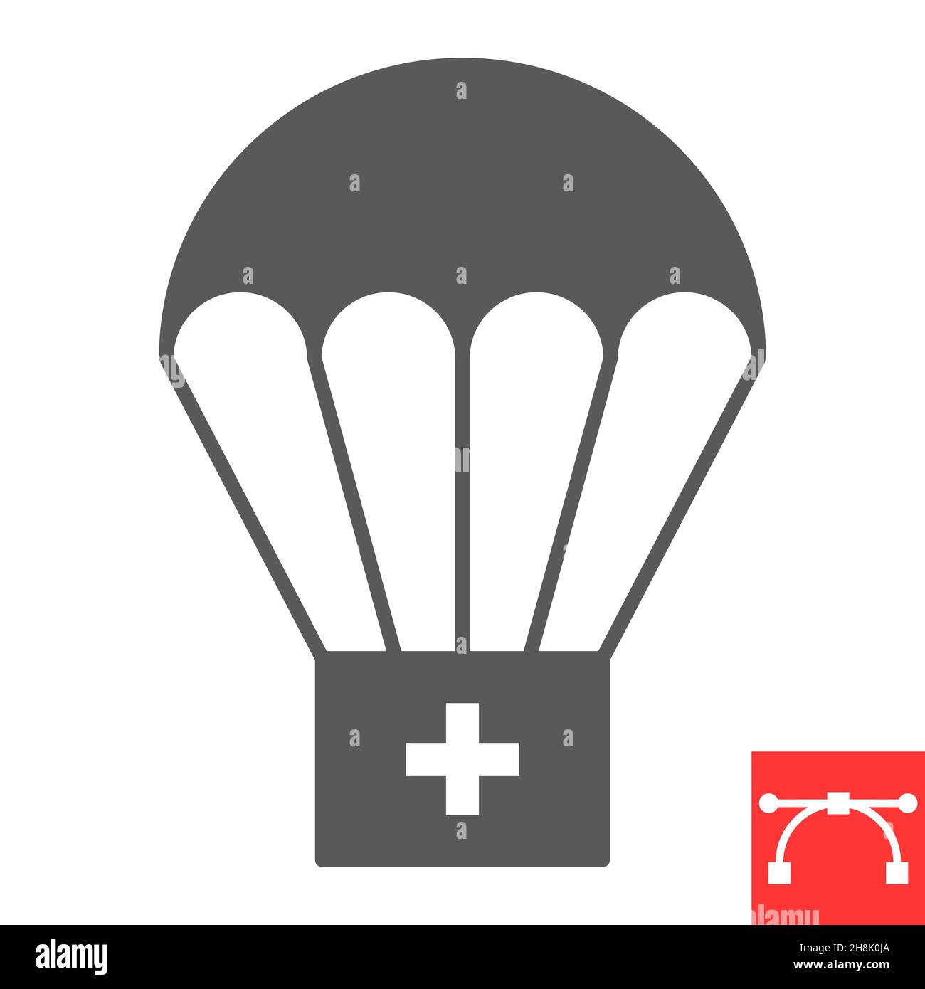 Paracadute con icona glyph kit di primo soccorso, scatola medica e emergenza, icona vettore aiuto umanitario, grafica vettoriale, segno solido colpo modificabile, eps 10. Illustrazione Vettoriale
