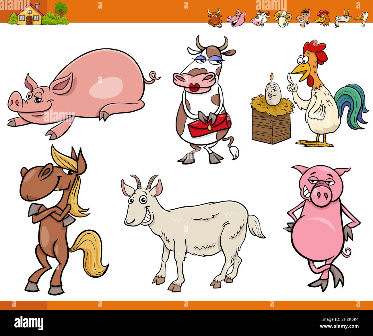 Illustrazione di cartoni animati di personaggi fumetti di animali da fattoria set Illustrazione Vettoriale