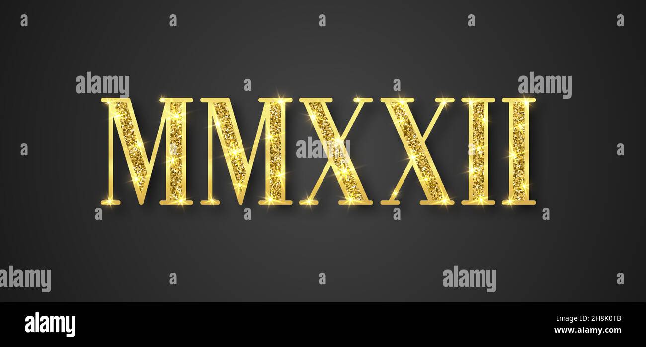 MMXXII banner calligrafia di testo con numeri romani, biglietto di auguri creativo, poster, volantino. 2022 Felice anno nuovo e buon Natale sfondo oro scuro. Numeri festivi con glitter metallizzato dorato Illustrazione Vettoriale