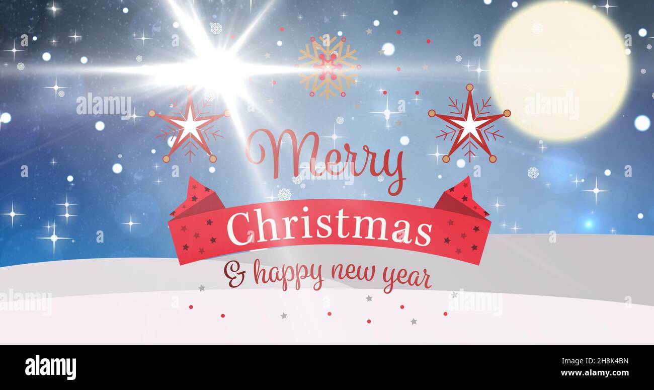 Immagine digitale composita del natale e del nuovo anno di saluto con sfondo luminoso durante la notte invernale Foto Stock