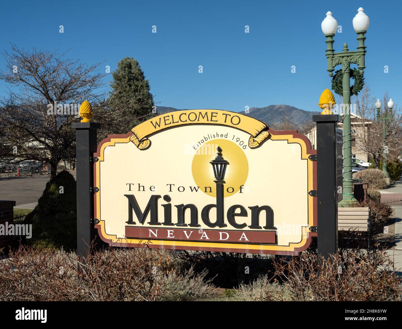 Benvenuto al cartello di Minden Nevada Road situato sull'autostrada 395. Foto Stock
