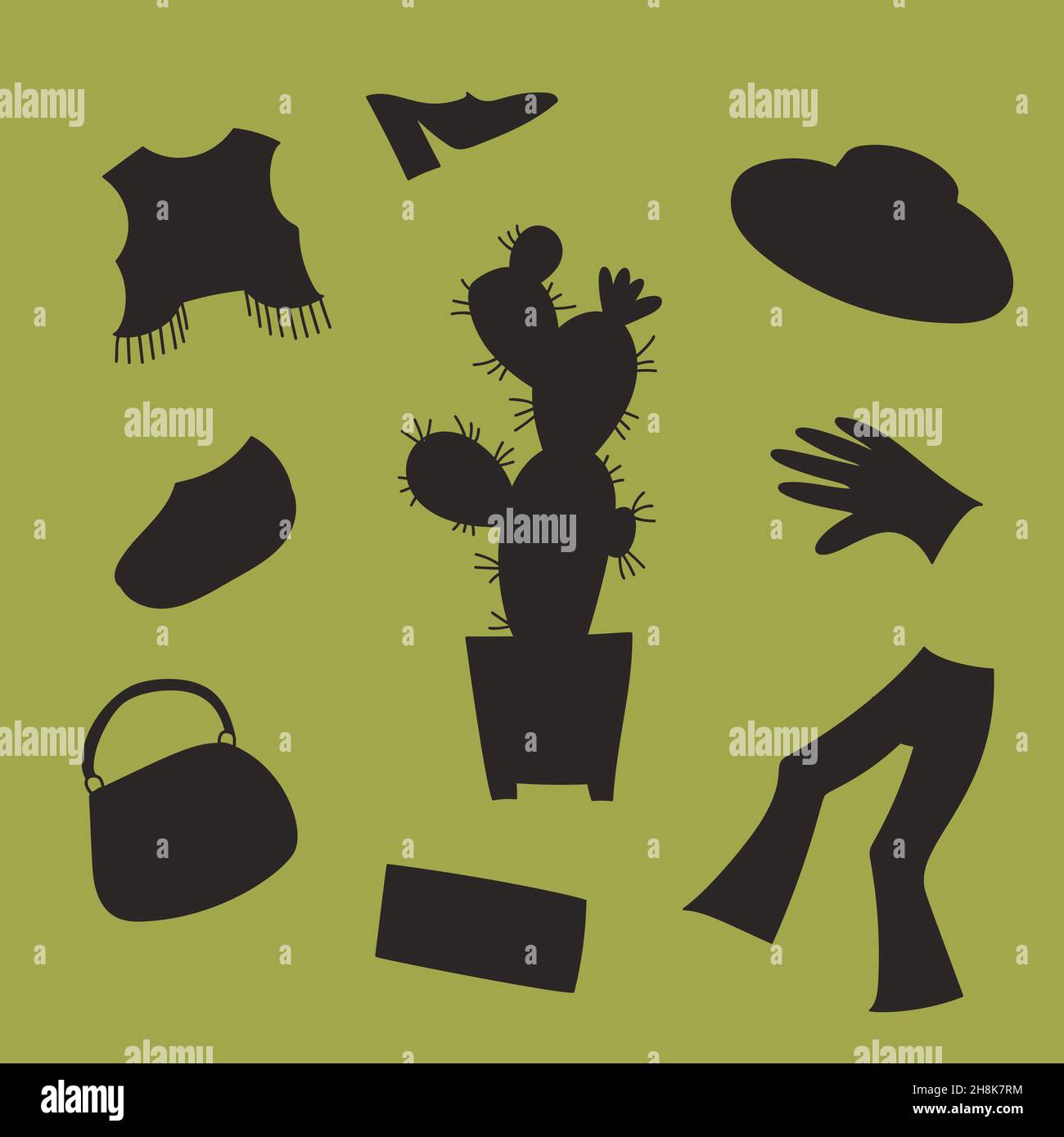 Pelle Cactus. Silhouette di piante di cactus e pelletteria su sfondo verde. Nuovo tessuto ecologico. Illustrazione Vettoriale