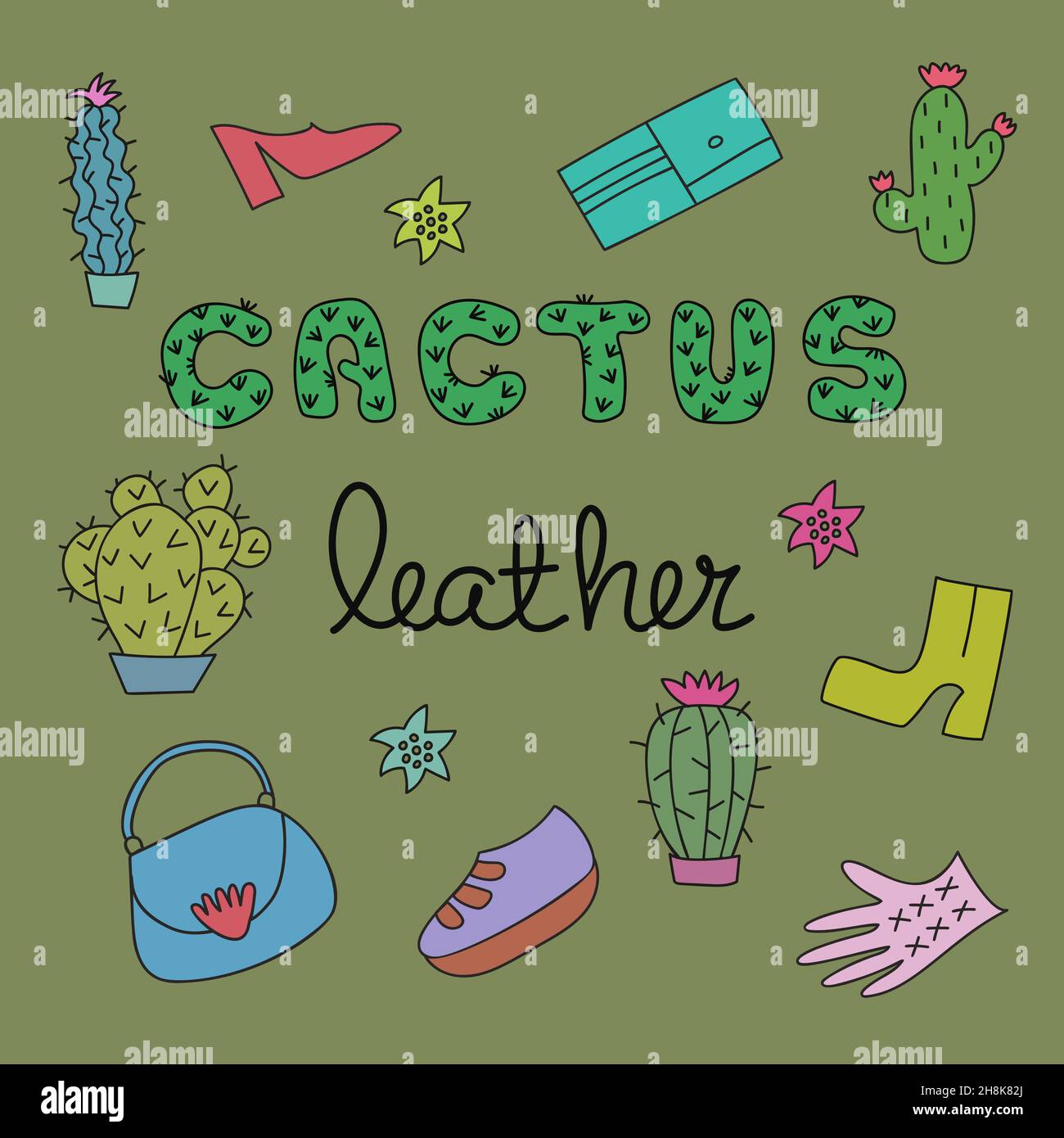 Testo scritto a mano Cactus pelletteria e pelletteria su sfondo verde. Nuovo tessuto ecologico. Illustrazione Vettoriale