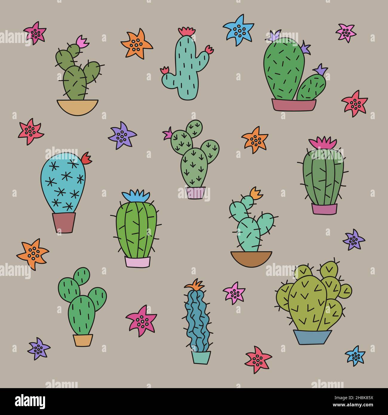 Set di diverse piante di Cactus su sfondo beige. Set adesivi cactus. Illustrazione Vettoriale