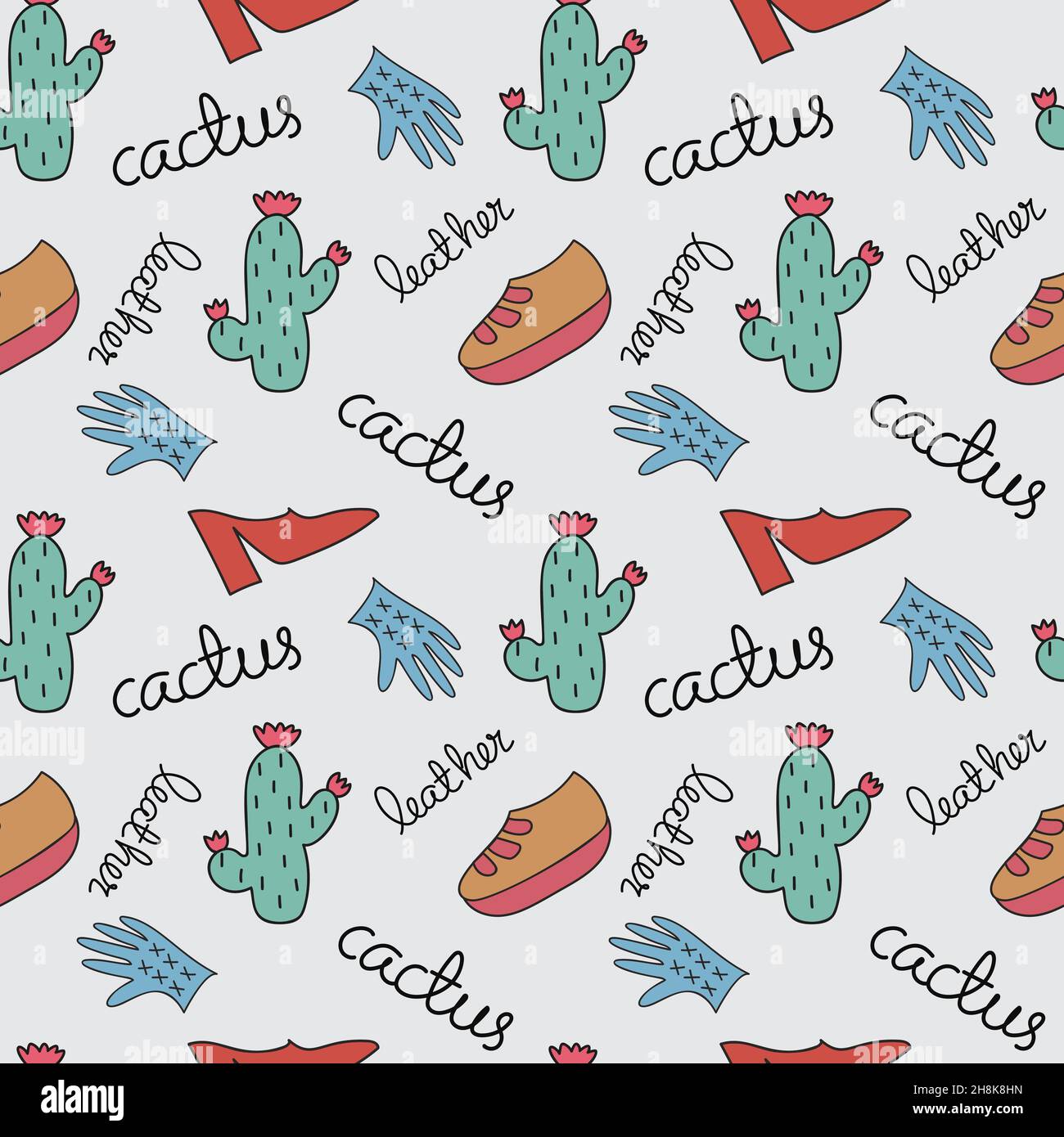 Motivo vettoriale senza cuciture con cactus, scarpe, guanti e testo scritto a mano su sfondo chiaro. Design in pelle Cactus. Illustrazione Vettoriale