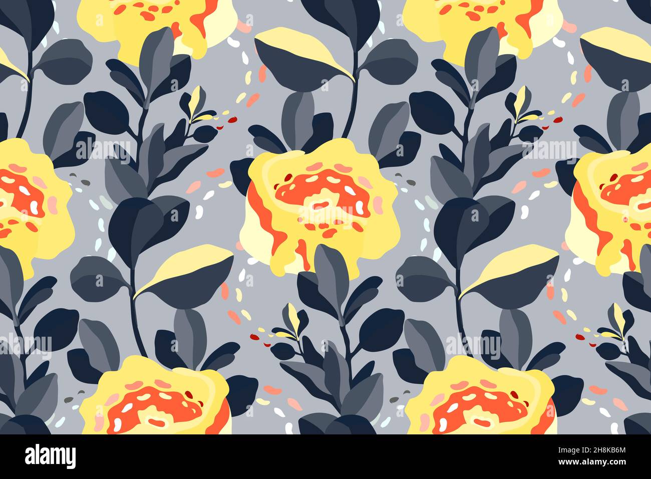 Art motivo floreale senza cuciture. Giallo, fiori rossi, foglie grigie isolate su sfondo grigio chiaro. Illustrazione Vettoriale