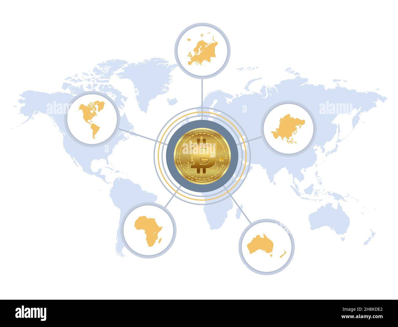 Mappa Bitcoin e continenti, infografica isolata su sfondo bianco, raster Foto Stock