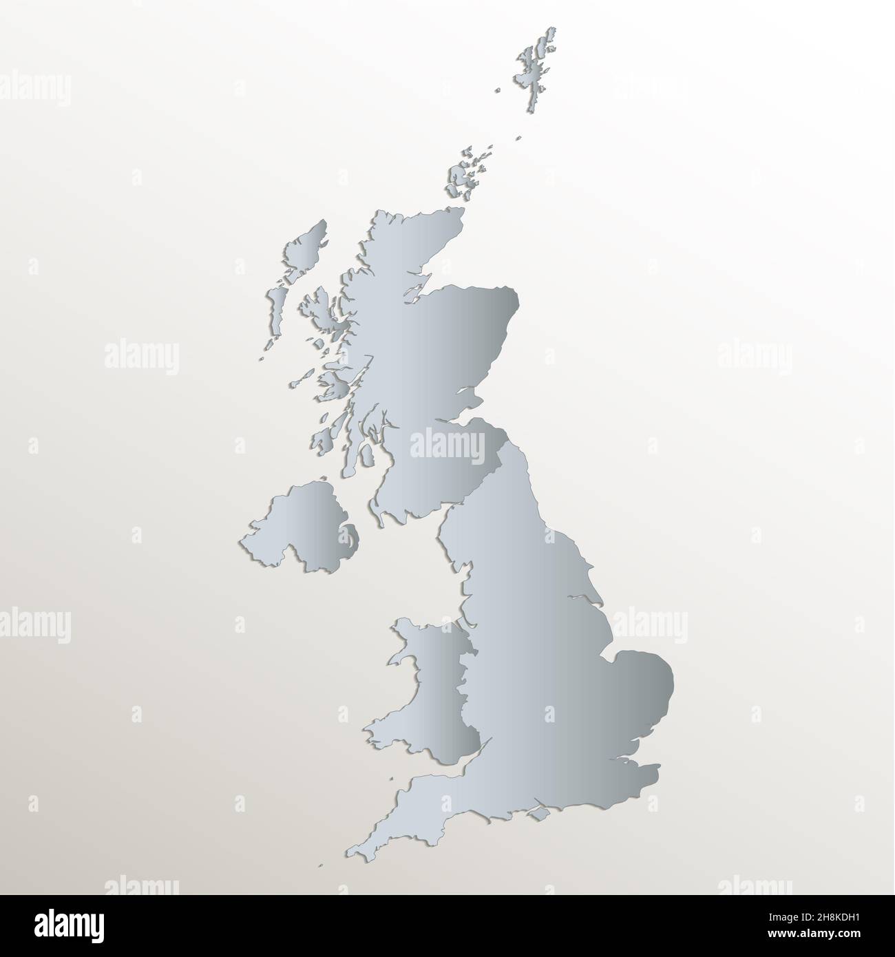 Mappa del Regno Unito, divisione amministrativa, carta blu bianca per cartoncino 3D, vuota Foto Stock