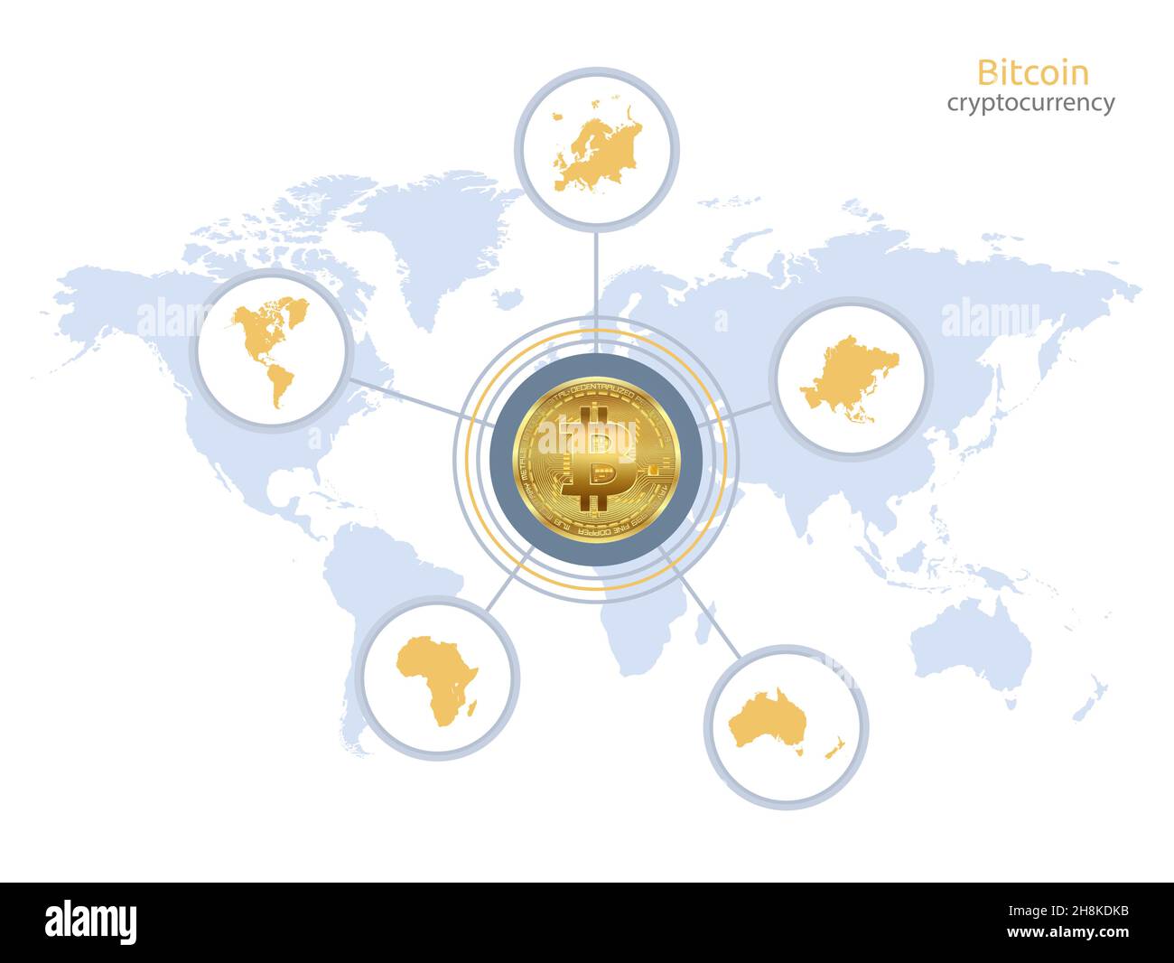 Bitcoin e continenti mappa, infografica isolato su sfondo bianco vettore Illustrazione Vettoriale