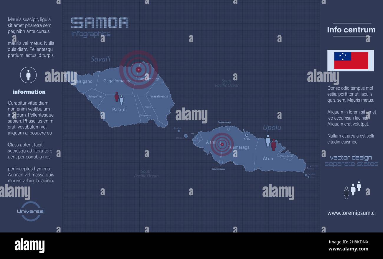 Mappa Samoa, regioni separate con nomi, infografica blu flat design vettoriale Illustrazione Vettoriale