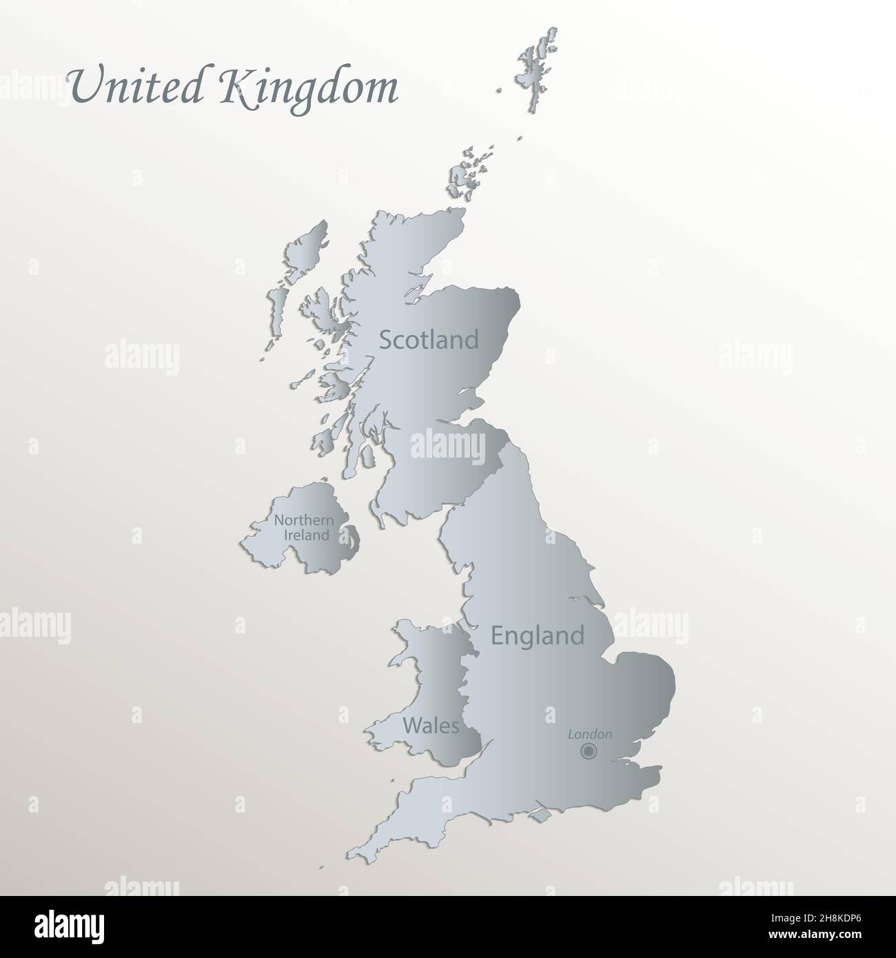 Mappa del Regno Unito, divisione amministrativa con nomi, carta blu bianca 3D vettoriale Illustrazione Vettoriale