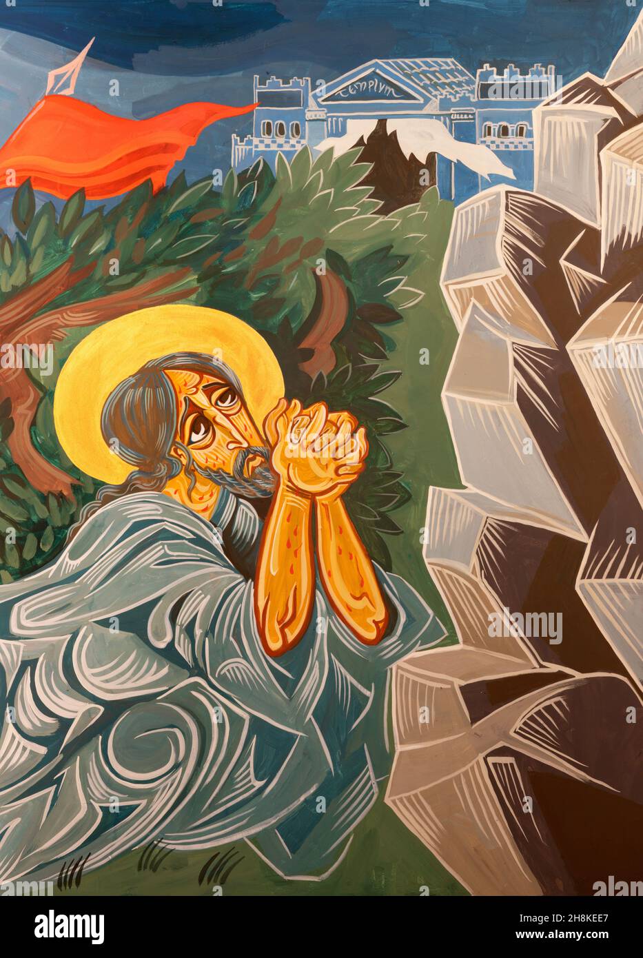 Forlí - il dettaglio dell'affresco moderno della preghiera di Gesù nel giardino del Getsemani nella chiesa Chiesa di San Giovanni Battista di Coriano. Foto Stock