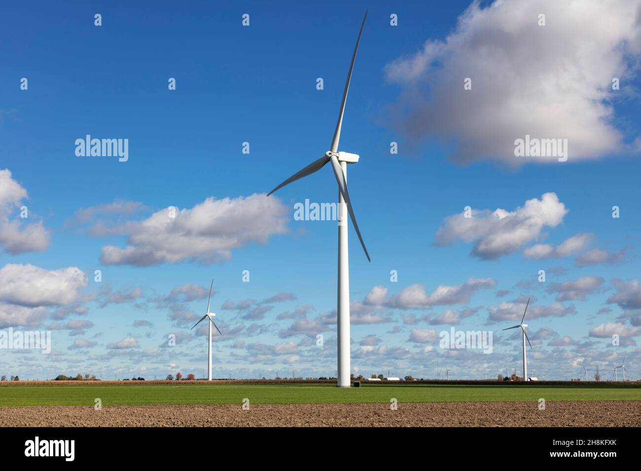 Turbine eoliche su terreni agricoli, vicino a Frankenmuth Michigan, USA, di James D Coppinger/Dembinsky Photo Assoc Foto Stock