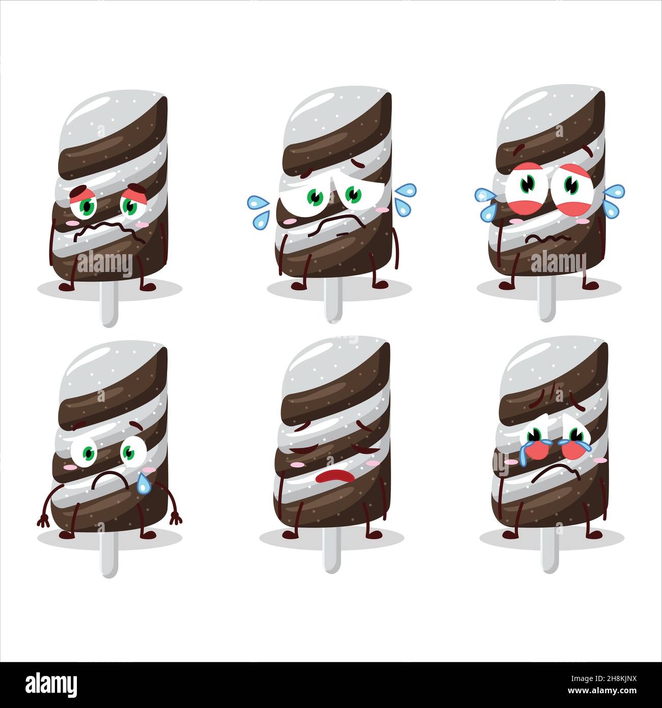 Gummy caramella cioccolato latte fumetto personaggio con triste espressione. Illustrazione vettoriale Illustrazione Vettoriale