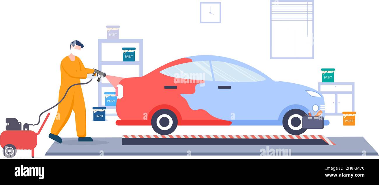 Macchina per la verniciatura di automobili con attrezzatura una vernice, un aerografo o una pistola a spruzzo alla carrozzeria del veicolo per dargli un nuovo colore nell'illustrazione piatta del vettore Illustrazione Vettoriale
