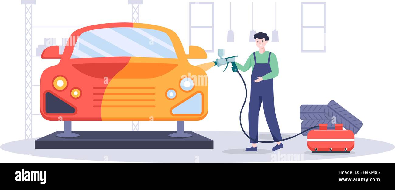 Macchina per la verniciatura di automobili con attrezzatura una vernice, un aerografo o una pistola a spruzzo alla carrozzeria del veicolo per dargli un nuovo colore nell'illustrazione piatta del vettore Illustrazione Vettoriale