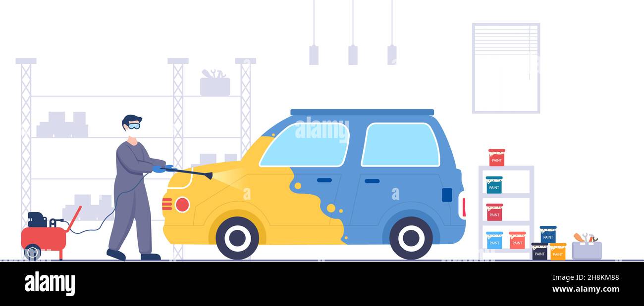 Macchina per la verniciatura di automobili con attrezzatura una vernice, un aerografo o una pistola a spruzzo alla carrozzeria del veicolo per dargli un nuovo colore nell'illustrazione piatta del vettore Illustrazione Vettoriale