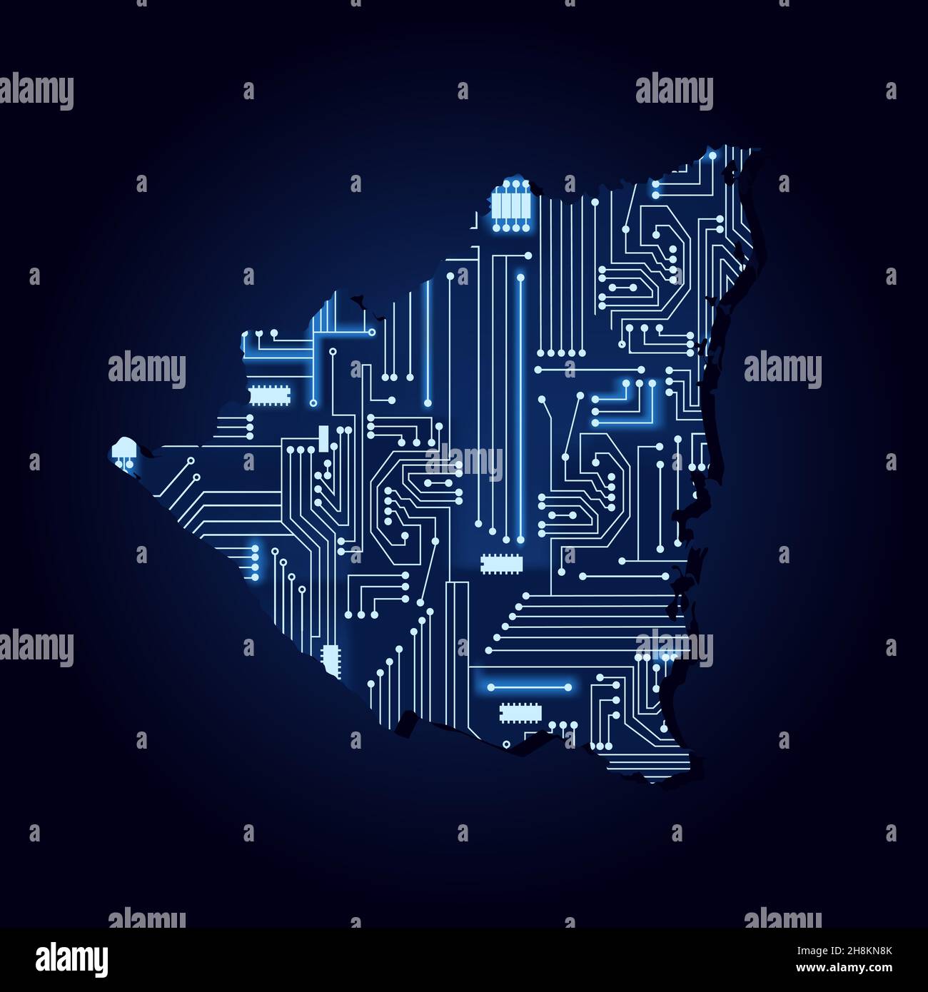 Mappa del Nicaragua con circuito elettronico tecnologico. Illustrazione Vettoriale