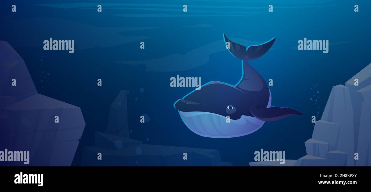La balena blu nuota nello spazio dell'oceano con rocce intorno. Animale marino, creatura selvatica in ambiente marino, specie faunistiche, vita subacquea, conservazione ecologica, SAVE Planet, Illustrazione del vettore cartoon Illustrazione Vettoriale
