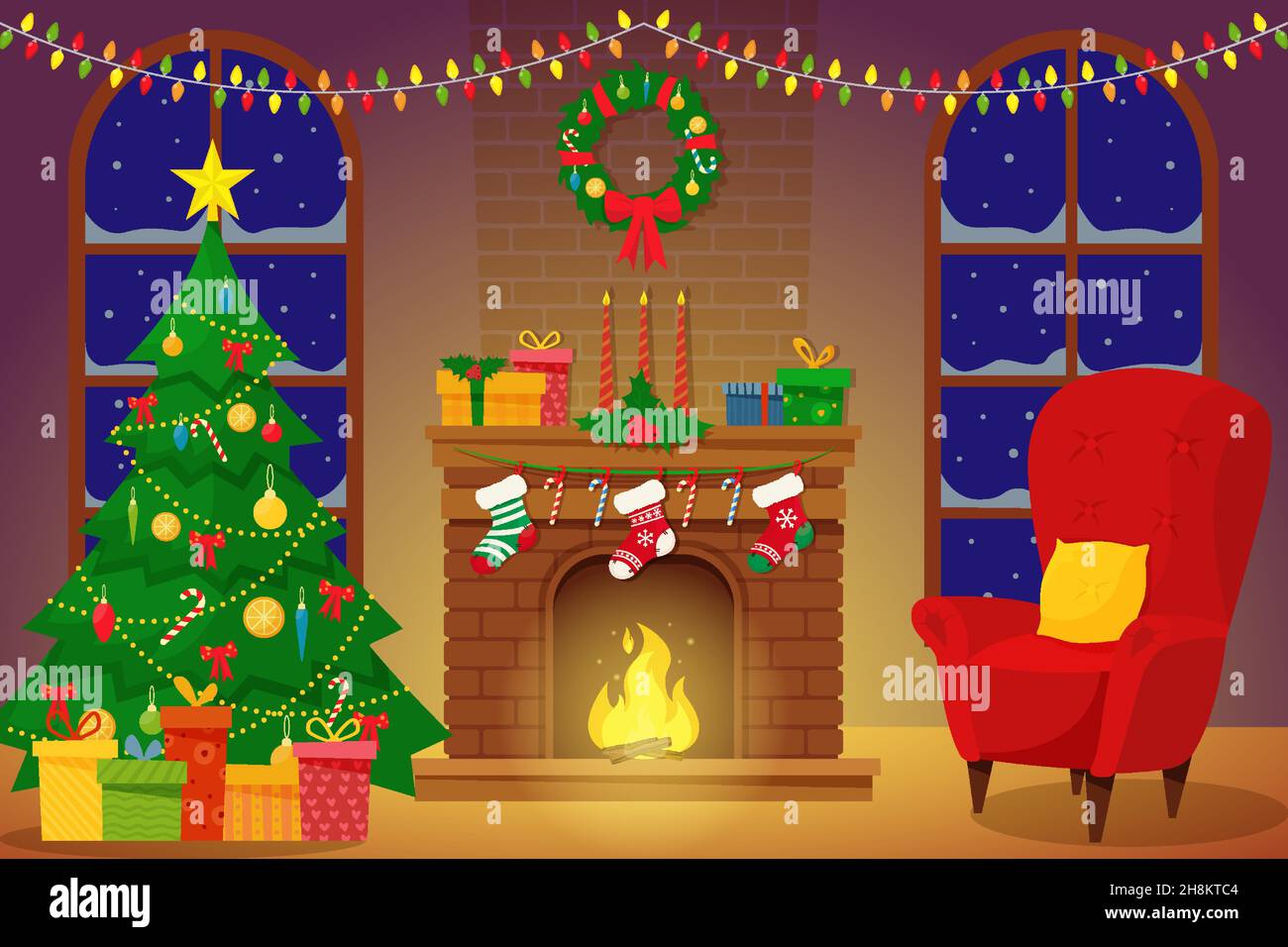 Interno natalizio del soggiorno con un albero di Natale, regali e un camino. Illustrazione vettoriale in stile piatto Illustrazione Vettoriale