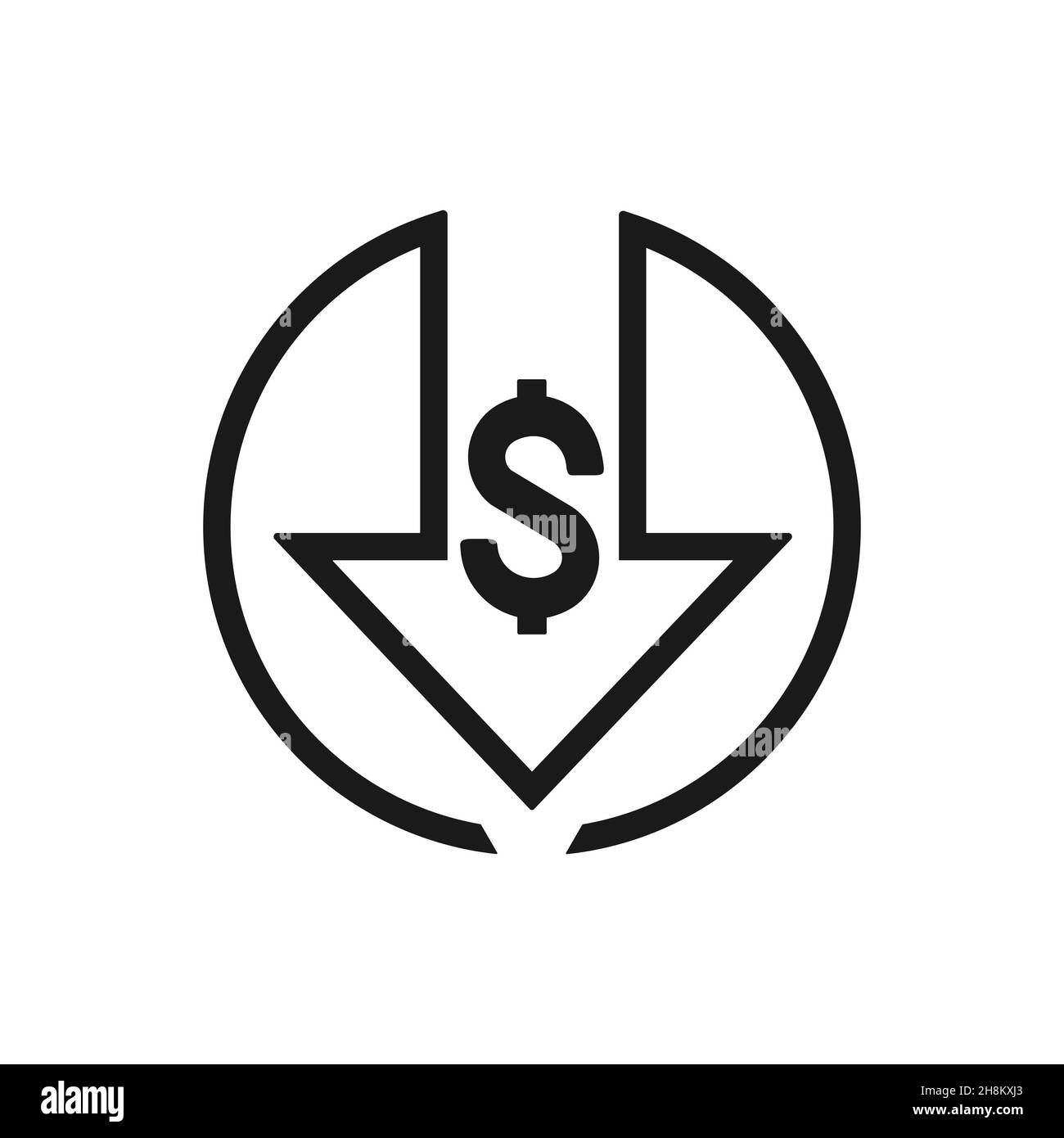 Profilo prezzo basso, freccia giù segno, dolar cade vettore icona Illustrazione Vettoriale