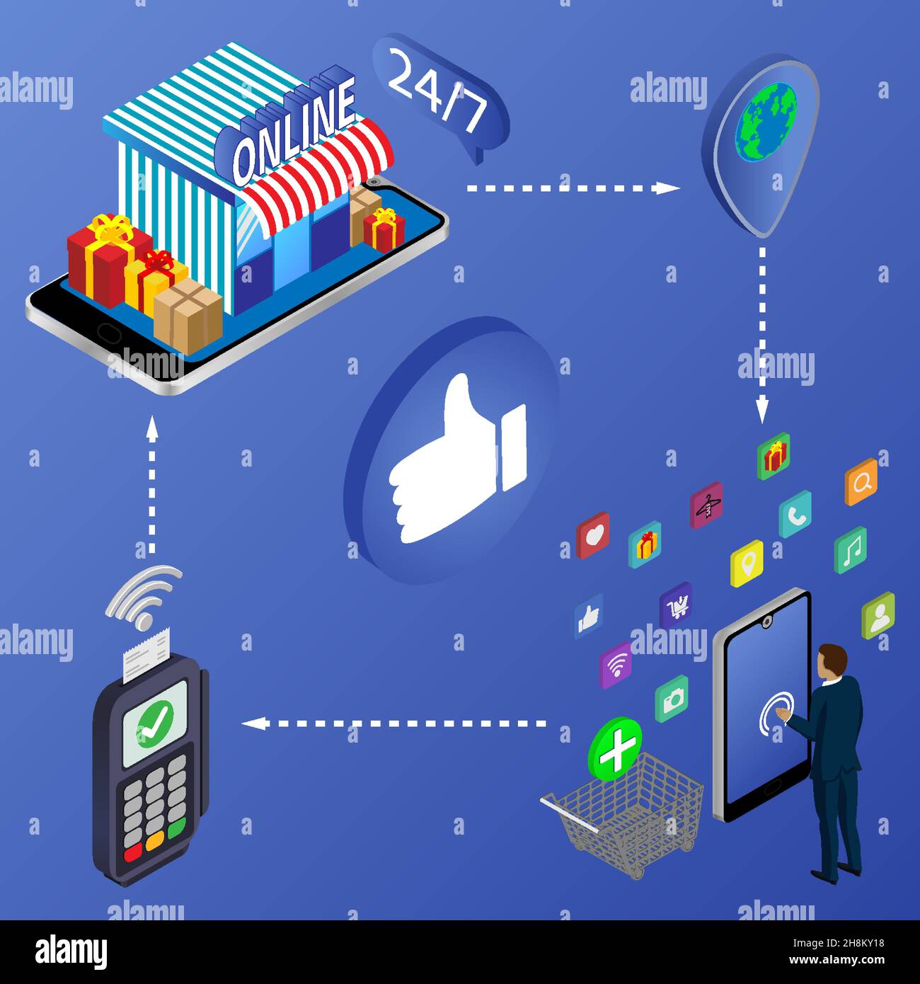 acquisti online isometrici . Shopping online e concetto di e-commerce Illustrazione Vettoriale