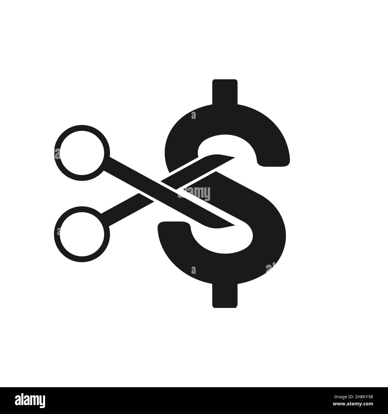 Concetto di icona di riduzione dei prezzi o dei costi. Forbici taglio soldi. Illustrazione vettoriale Illustrazione Vettoriale