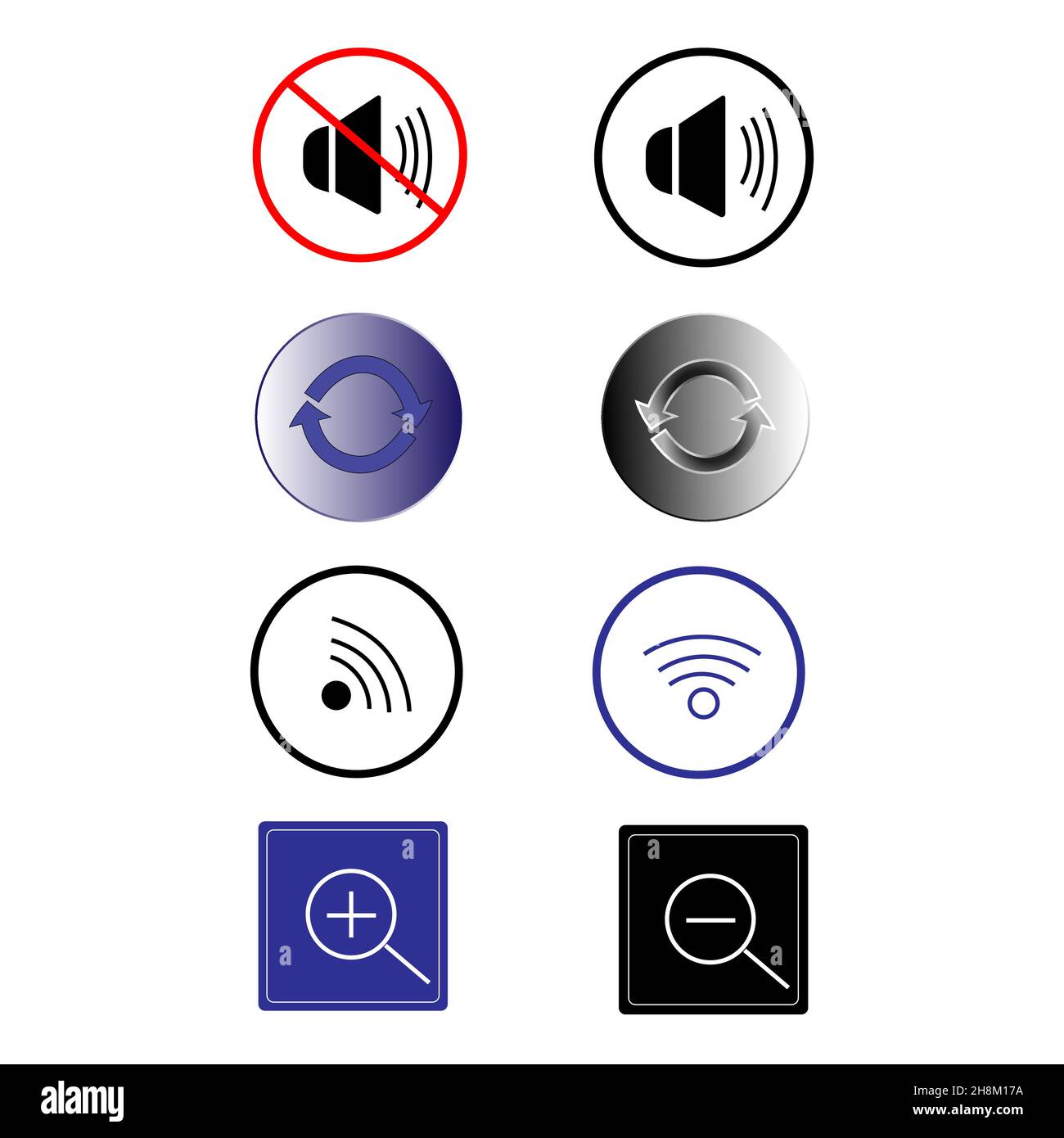 Icone di controllo del volume, segnali wifi, icone di aumento e diminuzione della lente di ingrandimento. Illustrazione Vettoriale