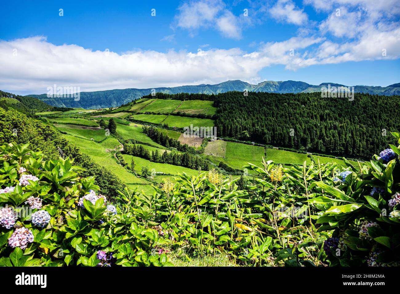 Lagoa das Sete Cidades, Cratere delle sette Città, Isola di São Miguel, Azzorre, Aores, Portogallo, Europa. Vista da Miradouro da Lomba do Vasco. Foto Stock