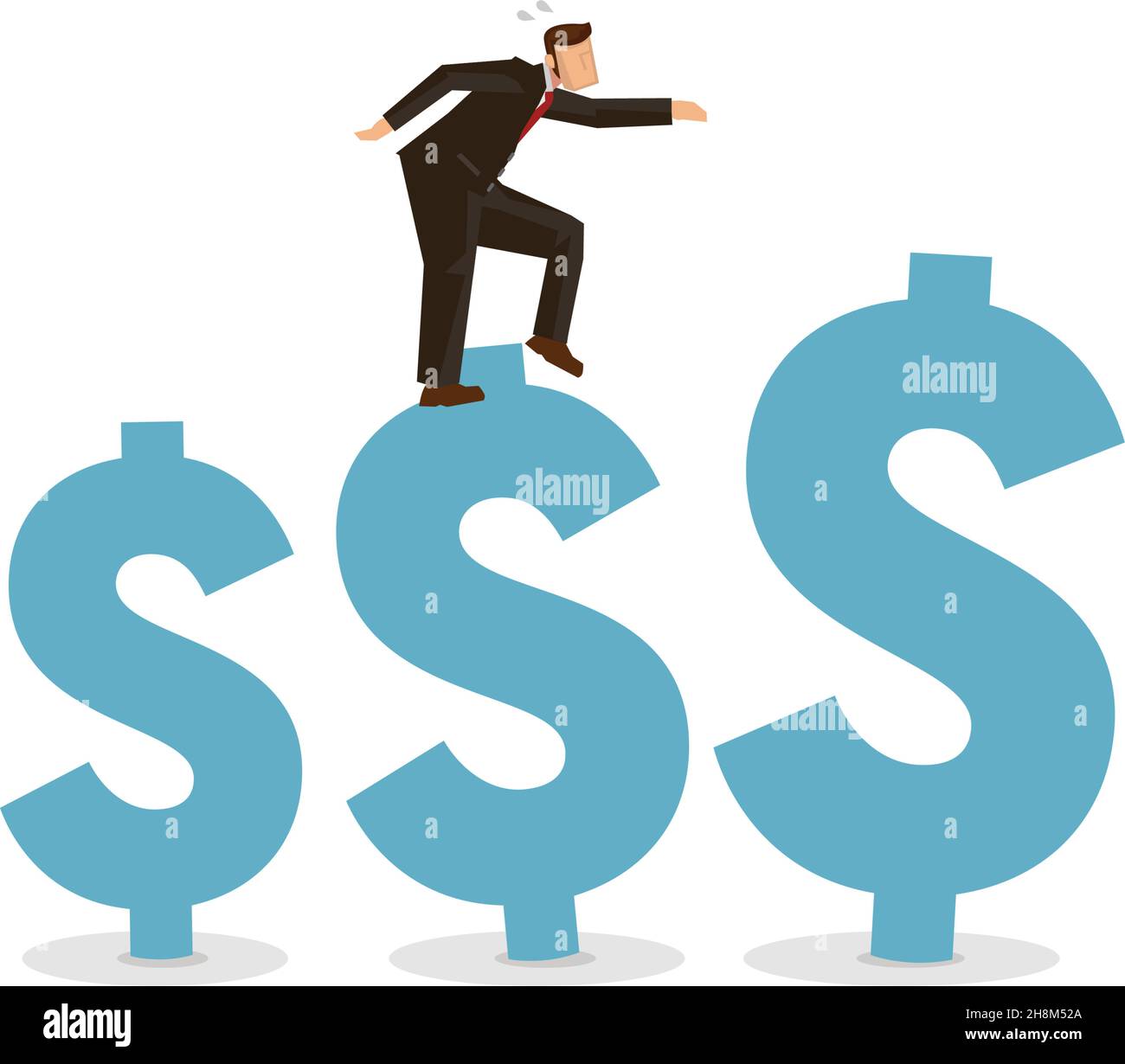 Uomo d'affari che cammina sui segni giganti del dollaro di crescita. Concetto di crescita guadagnare investimenti, aumentare reddito o bonus in carriera o successo in finanziario b Illustrazione Vettoriale