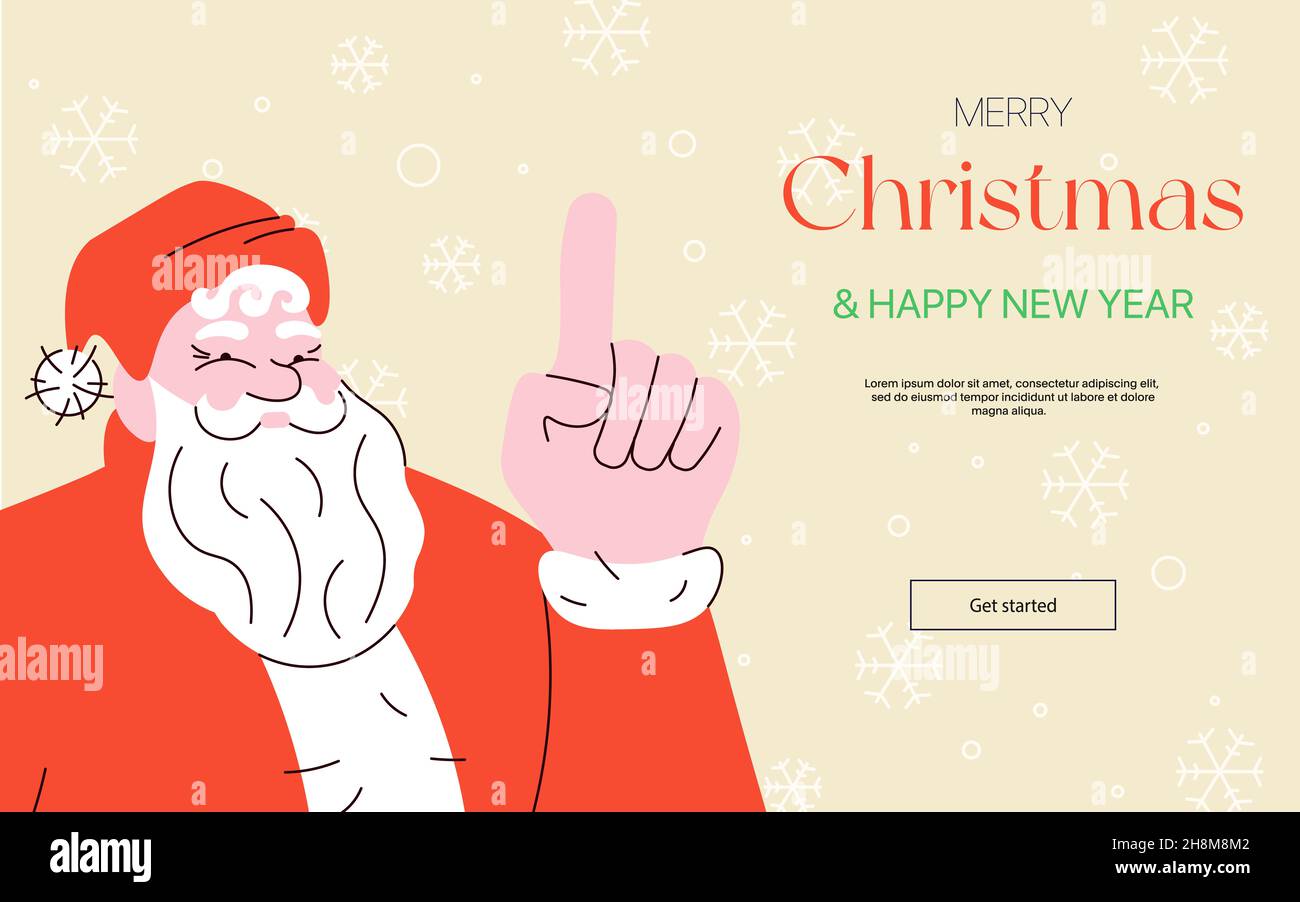 Sito web social media saluto con buon Natale e Felice Anno Nuovo. Babbo Natale ha sollevato la sua attenzione indice dito. Illustrazione Flat Art Foto Stock