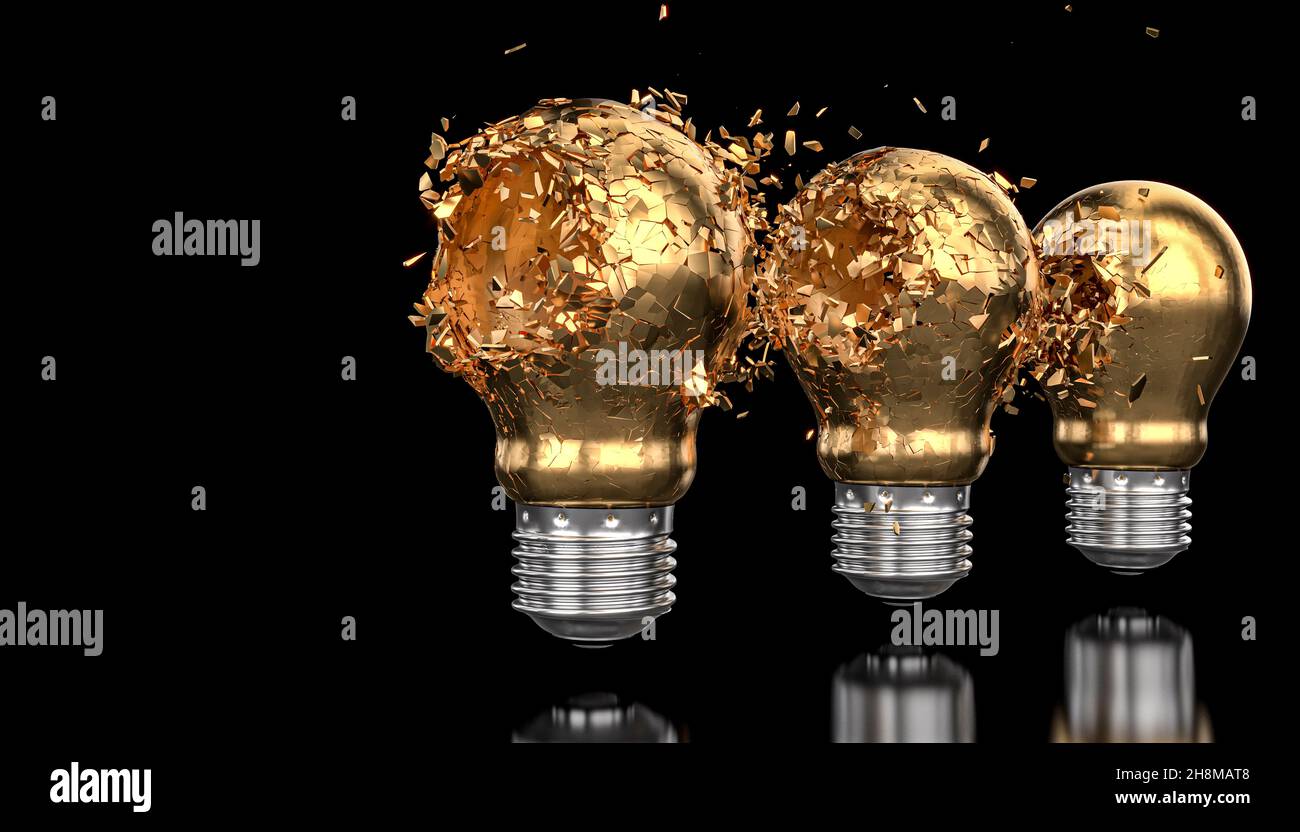 lampadine dorate rotte per impatto sul nero. rendering 3d Foto Stock