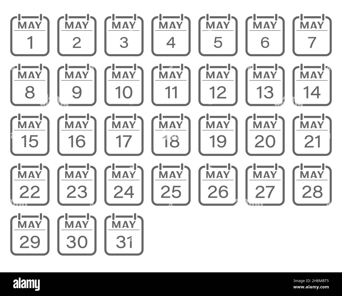 Maggio è un mese con numeri. Un insieme di fogli di calendario per un Web site, applicazioni, scrapbooking e disegno creativo. Un contorno vuoto. Design piatto. Illustrazione Vettoriale