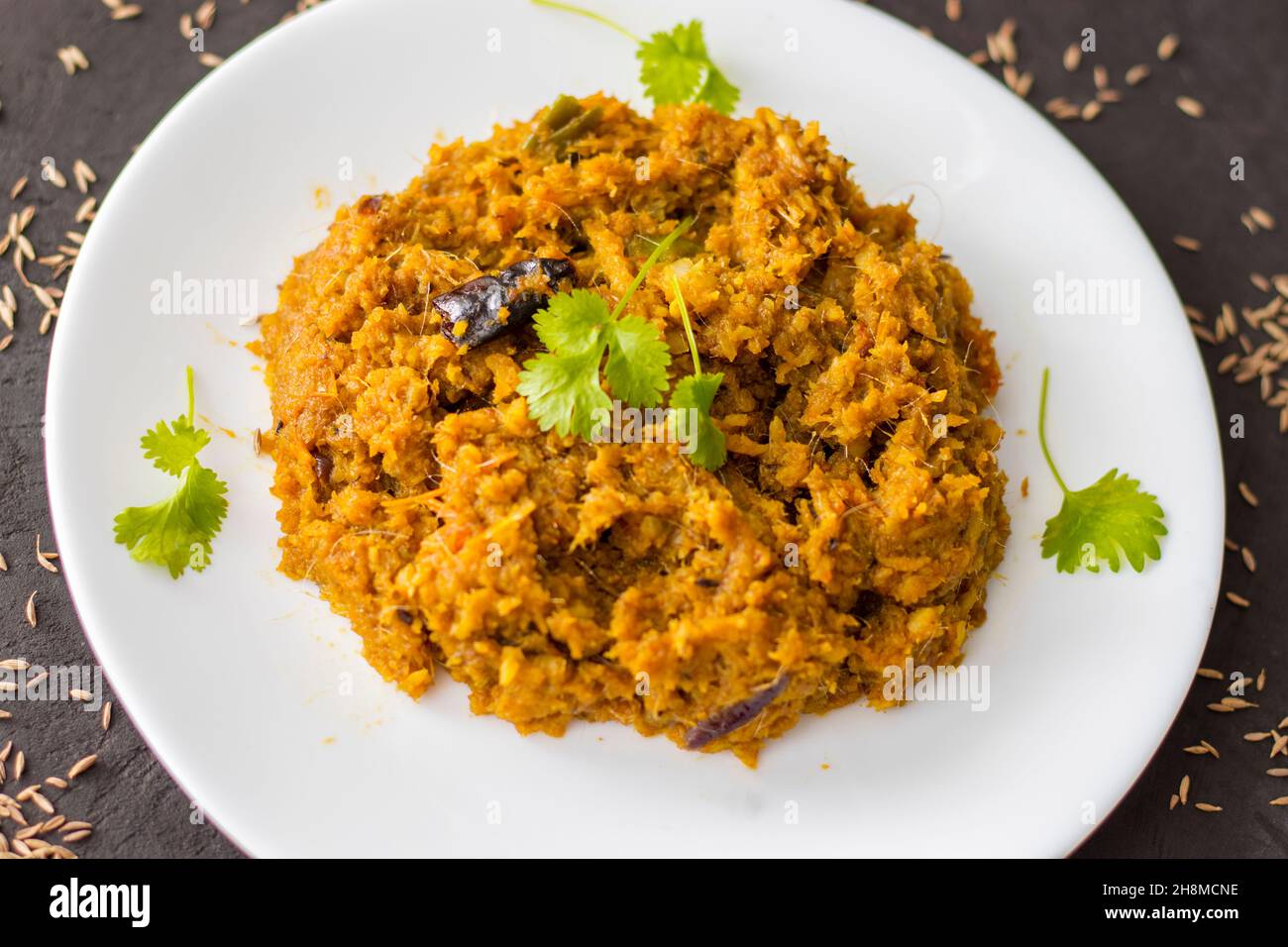 Ricetta di pesce d'anatra Bombay.'Lote Mach' in Bengalese. Piatto famoso tra i bengalesi Foto Stock