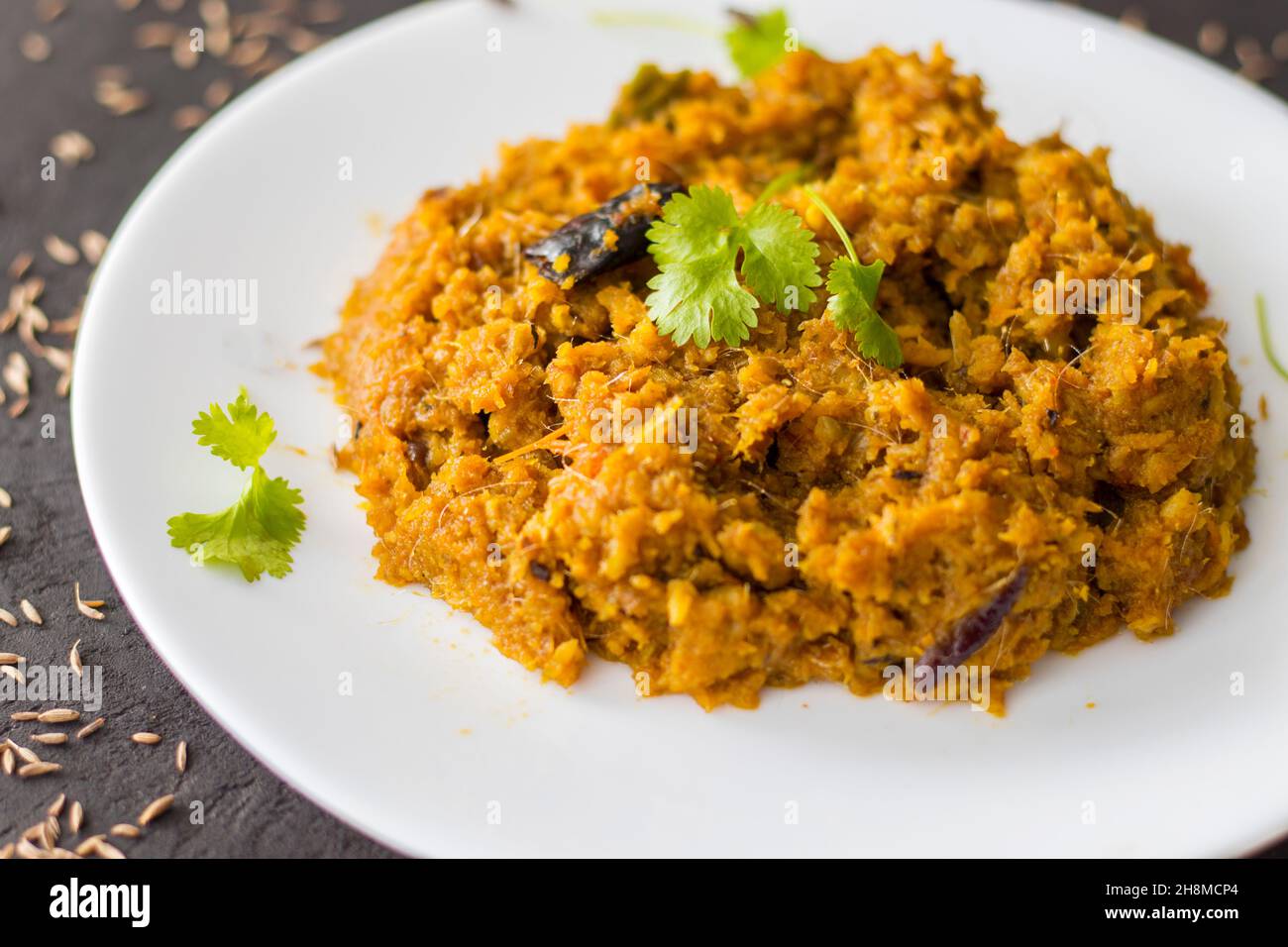 Ricetta di pesce d'anatra Bombay.'Lote Mach' in Bengalese. Piatto famoso tra i bengalesi Foto Stock