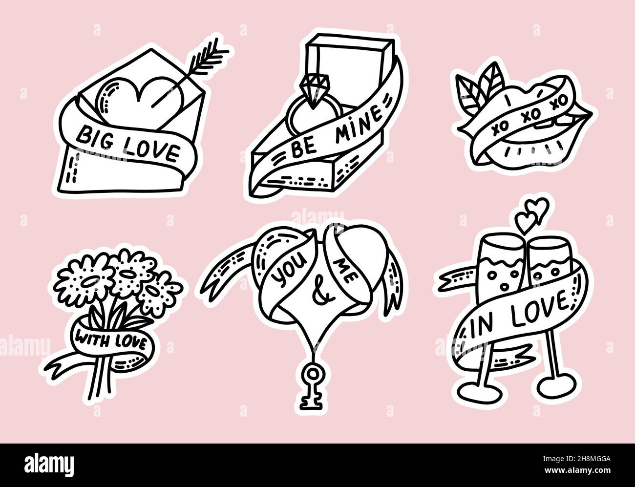 Adesivi vettoriali per il giorno di San Valentino. Elementi vettoriali disegnati a mano per matrimoni, San Valentino, stampe d'amore Illustrazione Vettoriale