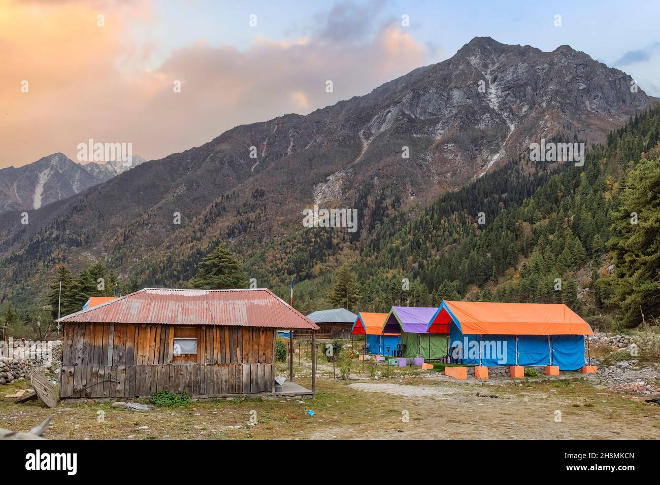 Tende da campeggio per gli amanti dell'avventura e gli escursionisti a Rakchham Himachal Pradesh, India con paesaggio panoramico di montagna Himalaya al tramonto Foto Stock