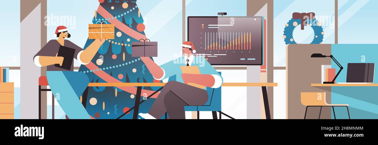 la gente in cappelli di santa che tiene i businesspeople dei regali che celebrano la festa corporativa nuovo anno festeggiamenti di natale Illustrazione Vettoriale