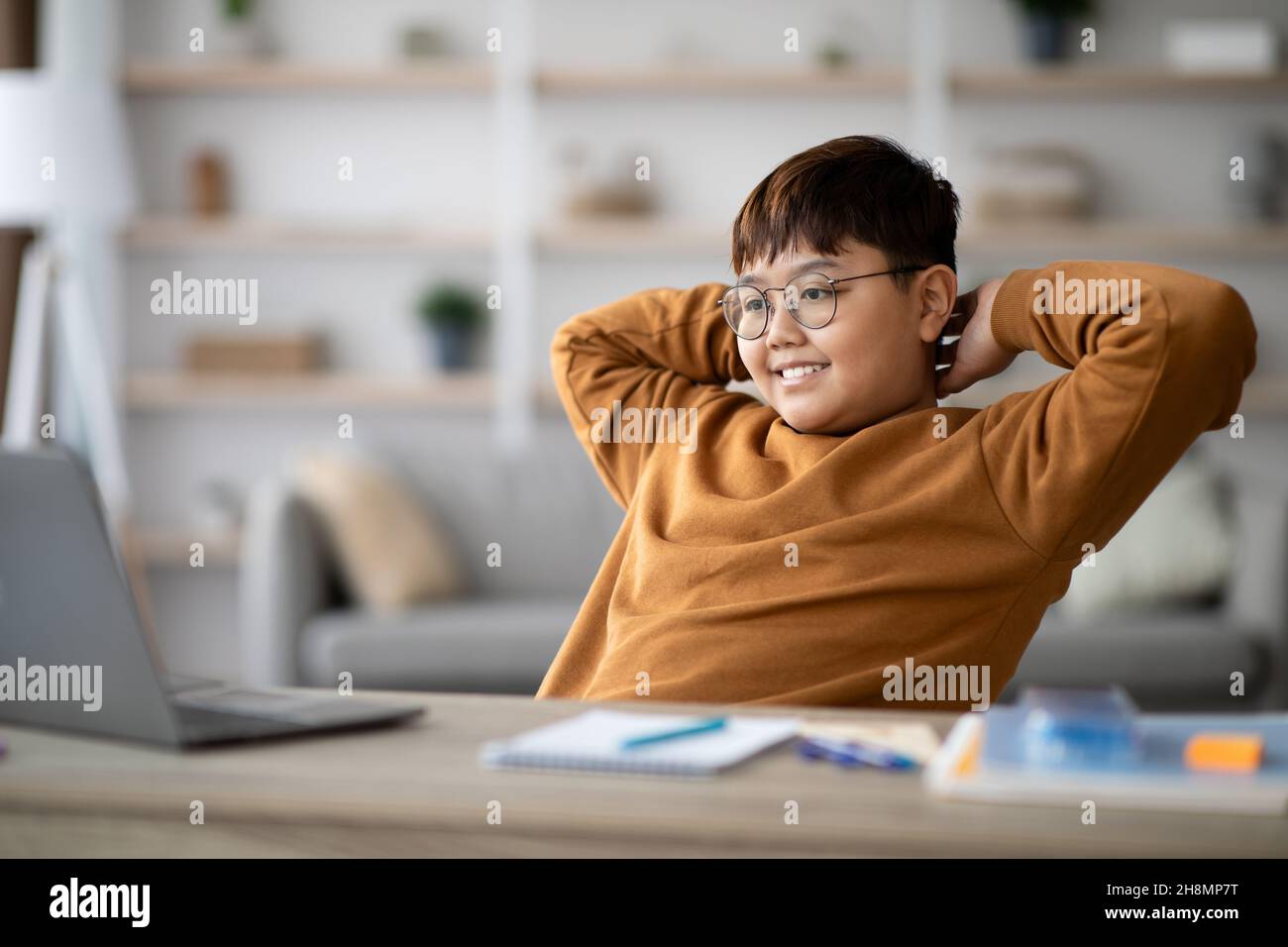 Ragazzo asiatico rilassato guardando lo schermo del notebook e sorridente Foto Stock