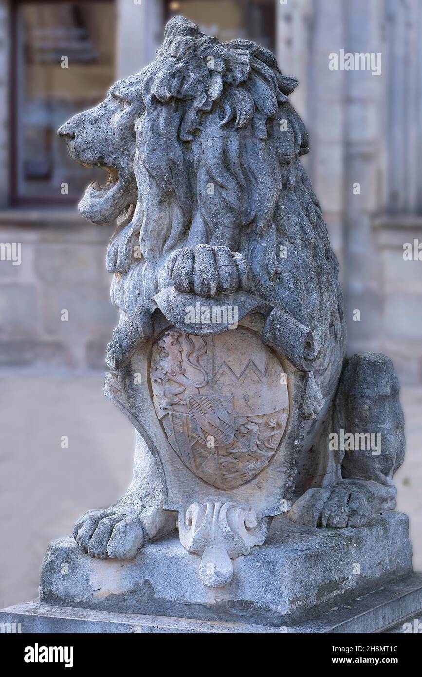 Scultura leone con stemma del 1890, monumento ai caduti, commemorazione della guerra franco-prussiana !870/71, scultore Georg Leistner, Erlangen, Medio Foto Stock