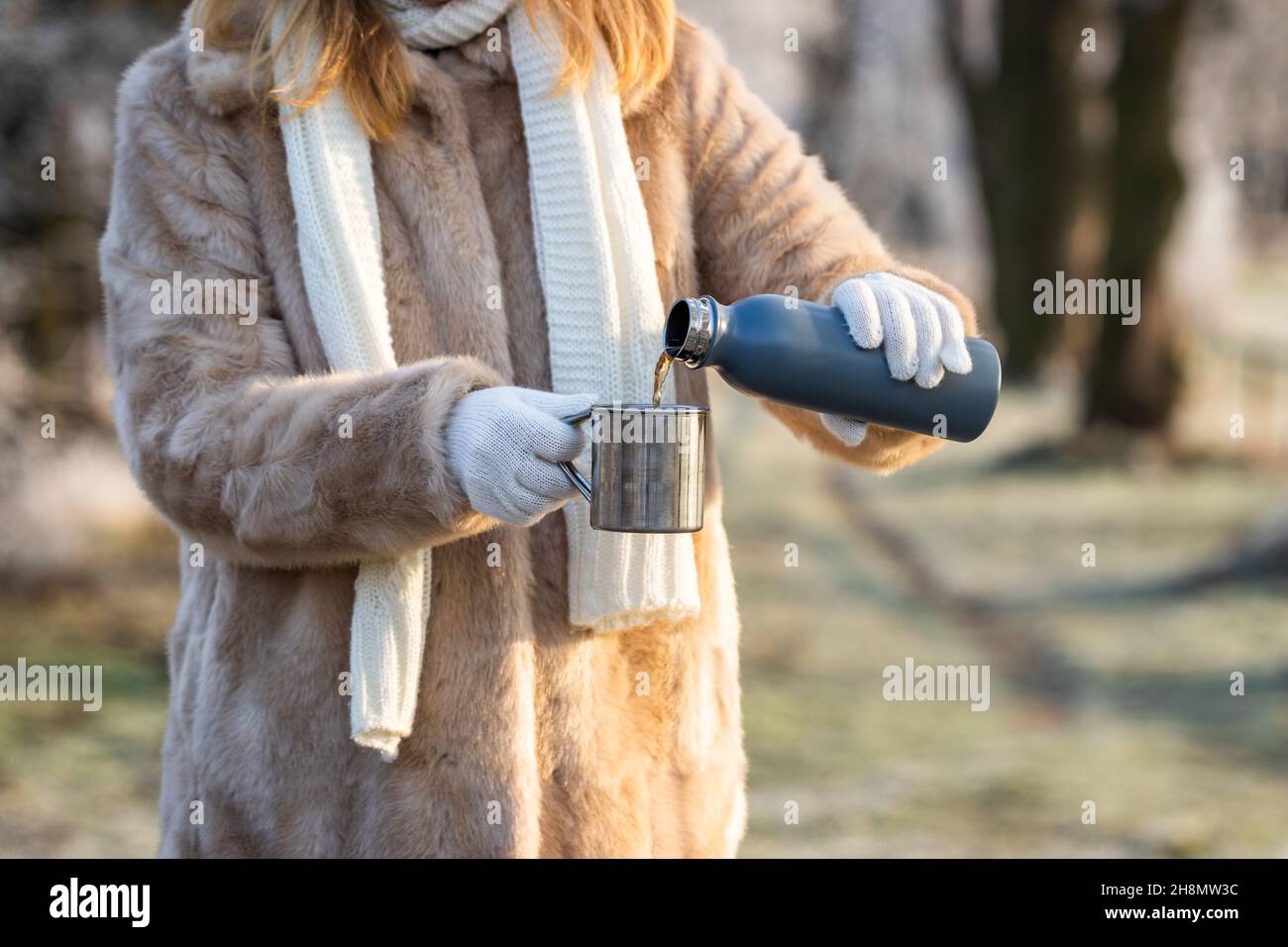 La donna versa una bevanda calda dai thermos nella tazza metallica. Rinfresco nella natura invernale. La donna indossa un cappotto in pelliccia, una sciarpa a maglia e un guanto. Foto Stock